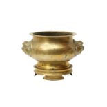 A CHINESE BRASS BOMBE CENSER AND STAND 清十九世紀 銅香爐連坐