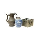 A CHINESE BLUE AND WHITE JAR AND TWO METAL ITEMS 十九或二十世紀 青花罐、白鑞執壺及白銅香爐一組