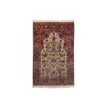 A VERY FINE ANTIQUE SILK KASHAN PRAYER RUG, CENTRAL PERSIA