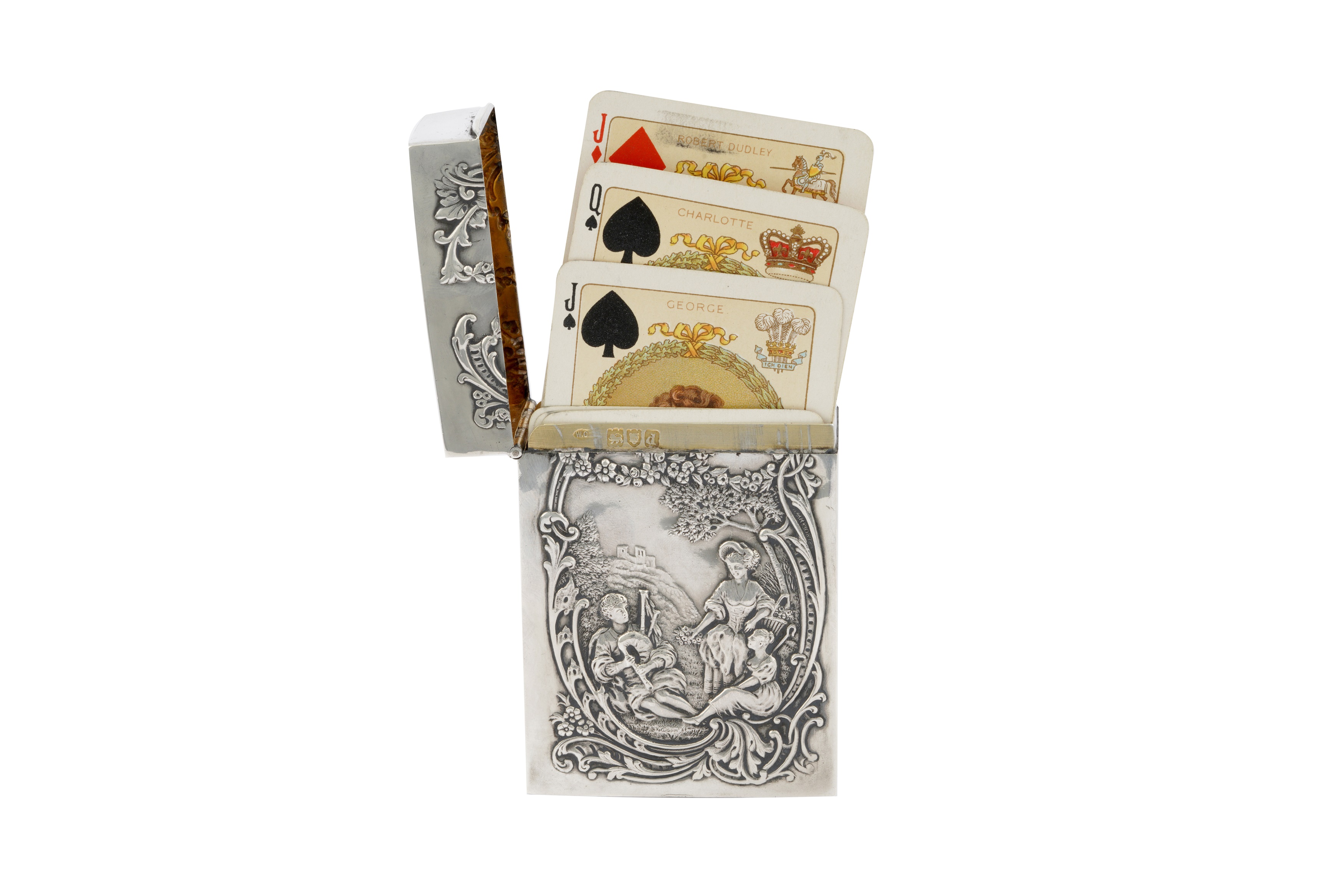 A VICTORIAN STERLING SILVER KINGS AND QUEEN OF ENGLAND PLAYING CARDS BOX, LONDON 1900 BY WILLIAM - Image 2 of 4