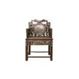 A CHINESE HARDWOOD, MOTHER-OF-PEARL AND MARBLE-INSET OPEN ARMCHAIR 十九或二十世紀 木螺鈿嵌石面扶手椅
