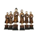 A GROUP OF SIX BURMESE LACQUERED FIGURES, 19TH/20TH CENTURY
