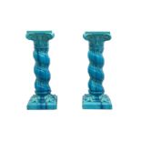 A PAIR OF BURMANTOFTS TURQUOISE GLAZED JARDINIERE STANDS