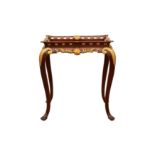 A 19TH CENTURY STYLE MAHOGANY AND PARCEL GILT SILVER OR TRAY TABLE