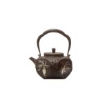 A JAPANESE SILVER AND GOLD-INLAID IRON KETTLE AND COVER, TETSUBIN