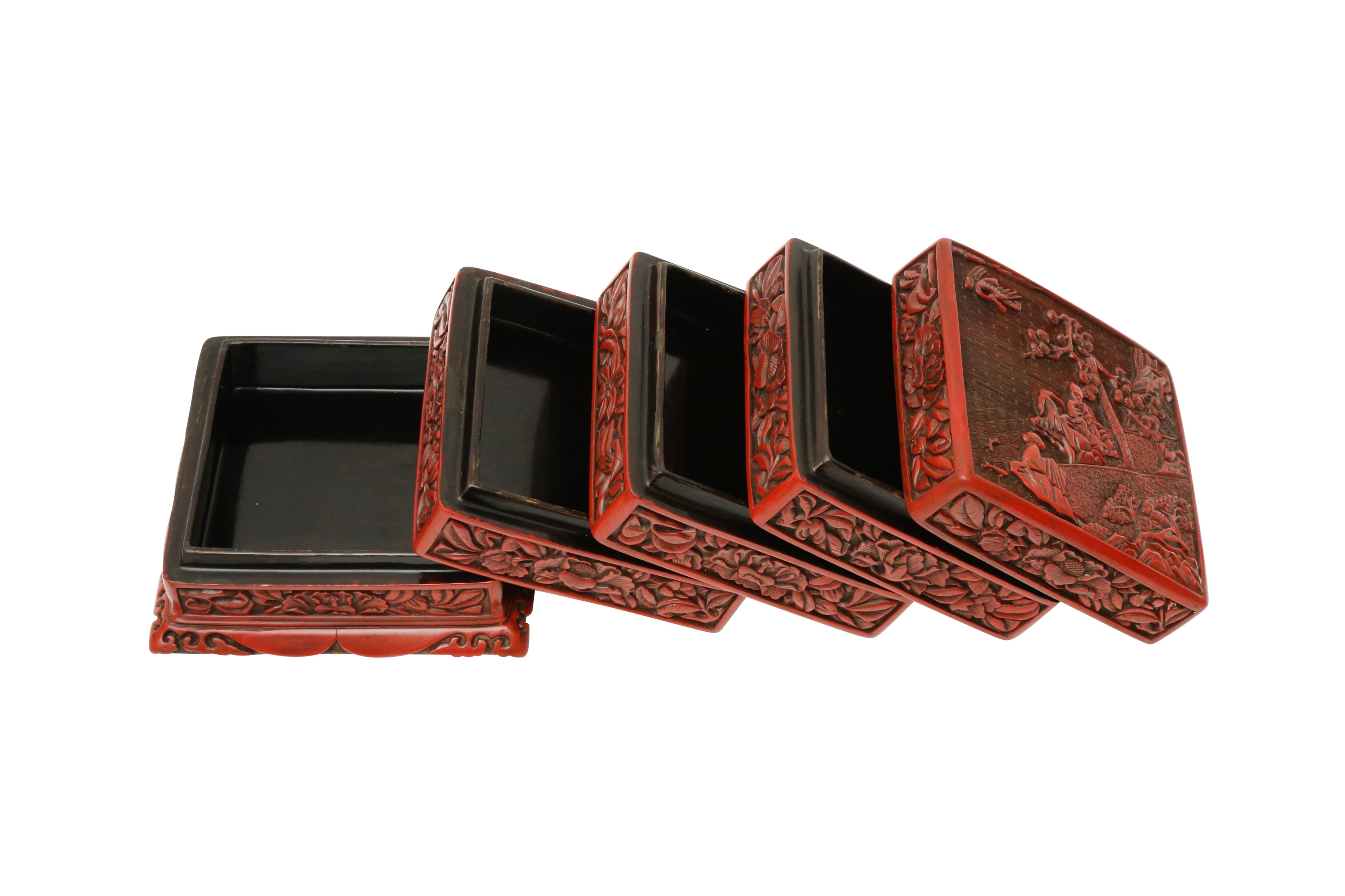 A CHINESE CINNABAR LACQUER TIERED BOX AND COVER 明 剔紅士大夫圖紋四層蓋盒 - Image 3 of 39