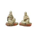 A PAIR OF FINE CHINESE SOAPSTONE 'LUOHAN' FIGURES 清康熙 壽山石羅漢坐像一對