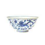 A CHINESE BLUE AND WHITE 'DRAGON AND LOTUS' BOWL 清康熙 青花龍穿纏枝蓮紋盌