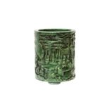 A CHINESE SPINACH-GREEN JADE 'SEVEN SAGES' BRUSH POT, BITONG 清十八世紀 碧玉竹林七賢筆筒