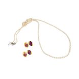 A CULTURED PEARL NECKLACE TOGETHER WITH A PAIR OF ENAMEL CUFFLINKS