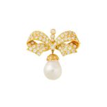 A BAROQUE PEARL AND DIAMOND BOW BROOCH