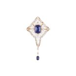 A SYNTHETIC SAPPHIRE AND DIAMOND PENDANT/BROOCH