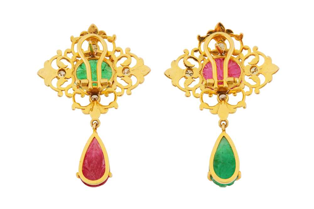 A PAIR OF EMERALD, TOURMALINE AND DIAMOND PENDENT EARRINGS - Image 2 of 2