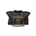 Chanel Black Raffia Chain Logo Deuville Tote