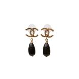 Chanel Black CC Drop Pierced Earrings