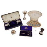 A mixed lot with a cased set of sterling silver gilt and guilloche enamel coffee spoons