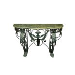 AN EARLY 20TH CENTURY FRENCH MARBLE AND WROUGHT IRON CONSOLE TABLE