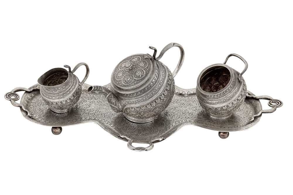 A late 19th / early 20th century Anglo - Indian unmarked silver three-piece tea service, Kashmir cir - Image 7 of 8