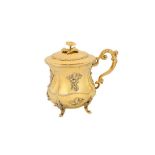 A Nicholas I mid-19th century Russian 84 zolotnik silver gilt covered cup or mug, Moscow 1851 by ИA