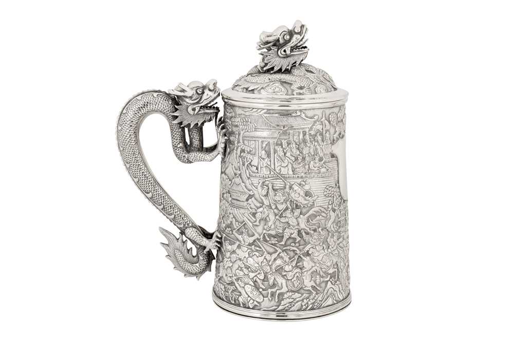 A large late 19th century Chinese Export silver lidded mug or tankard, Canton circa 1880 by Qiu Ji,