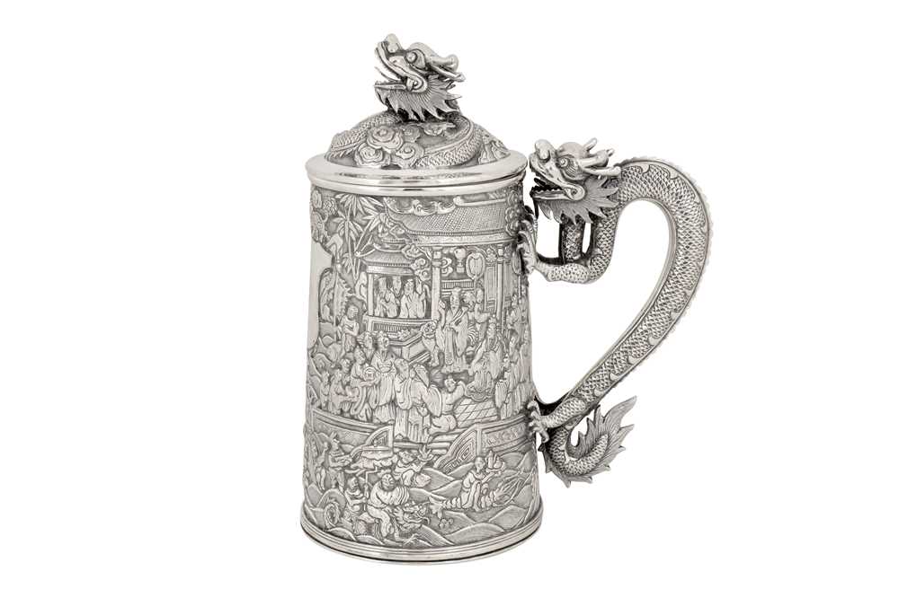 A large late 19th century Chinese Export silver lidded mug or tankard, Canton circa 1880 by Qiu Ji, - Image 4 of 11