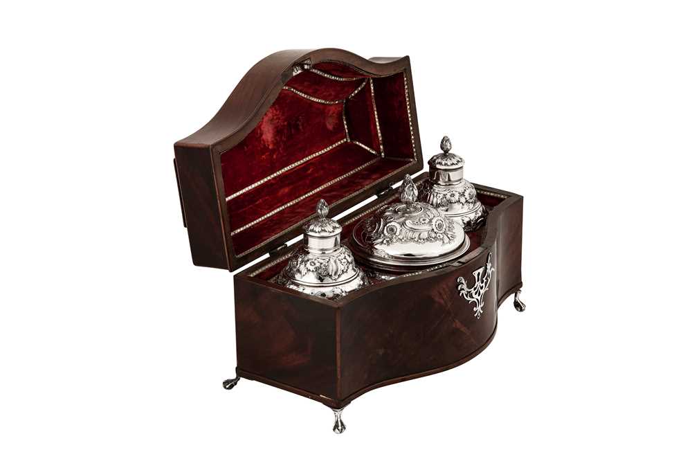 A cased George II sterling silver tea caddy and sugar bowl suite, London 1750 by Samuel Taylor (reg. - Image 2 of 21