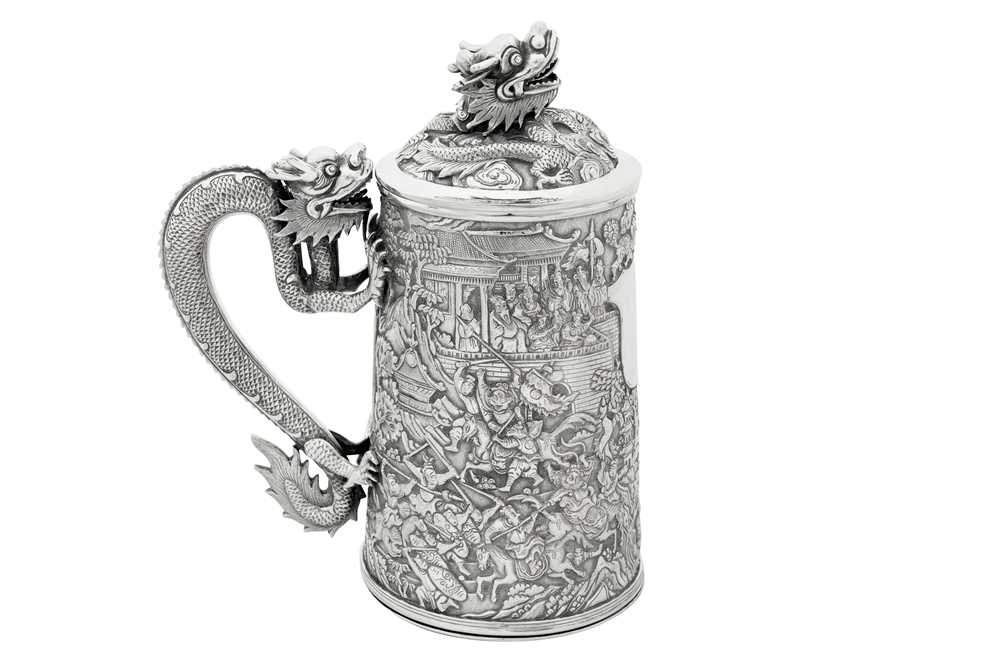 A large late 19th century Chinese Export silver lidded mug or tankard, Canton circa 1880 by Qiu Ji, - Image 8 of 11