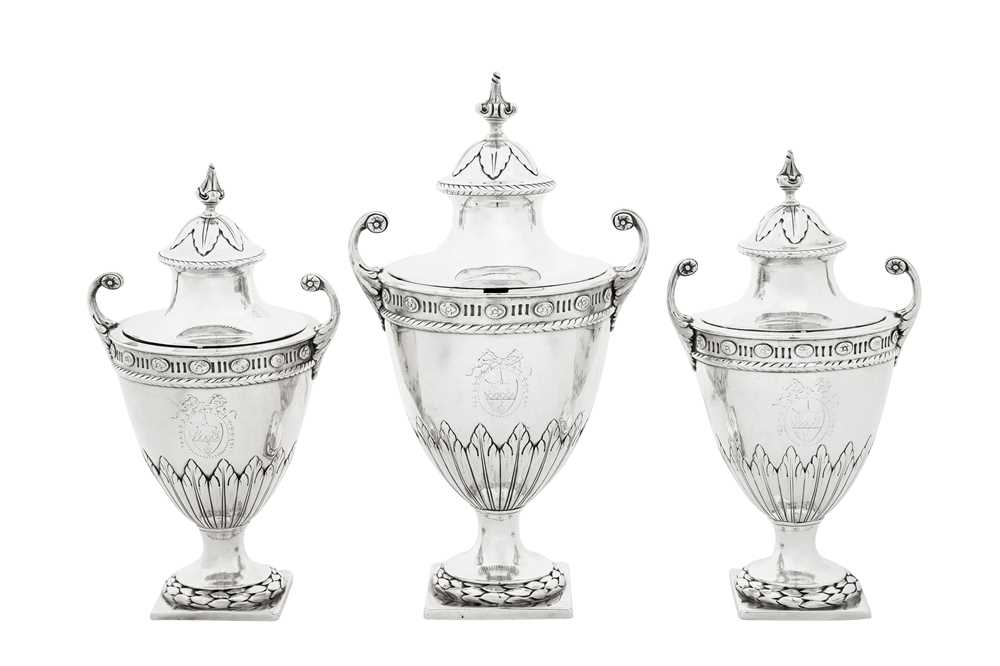 A set of three George III sterling silver condiment and sugar vases, London 1776 by Pierre or Peter