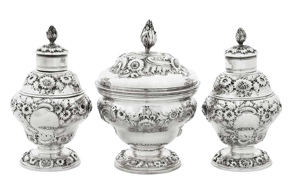 A cased George II sterling silver tea caddy and sugar bowl suite, London 1750 by Samuel Taylor (reg. - Image 4 of 21