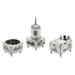 An early 20th century Iraqi silver and niello three-piece cruet set, Omara circa 1930 signed Nahy