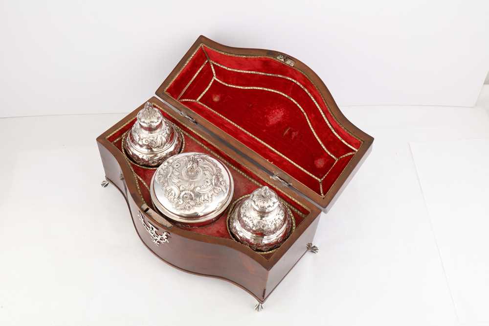 A cased George II sterling silver tea caddy and sugar bowl suite, London 1750 by Samuel Taylor (reg. - Image 12 of 21