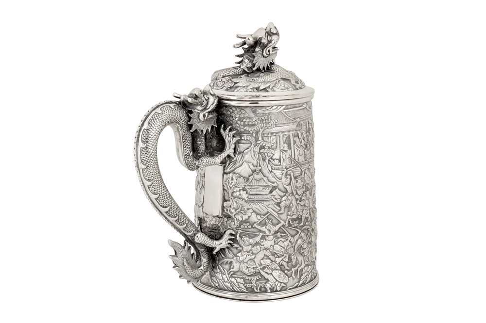 A large late 19th century Chinese Export silver lidded mug or tankard, Canton circa 1880 by Qiu Ji, - Image 3 of 11