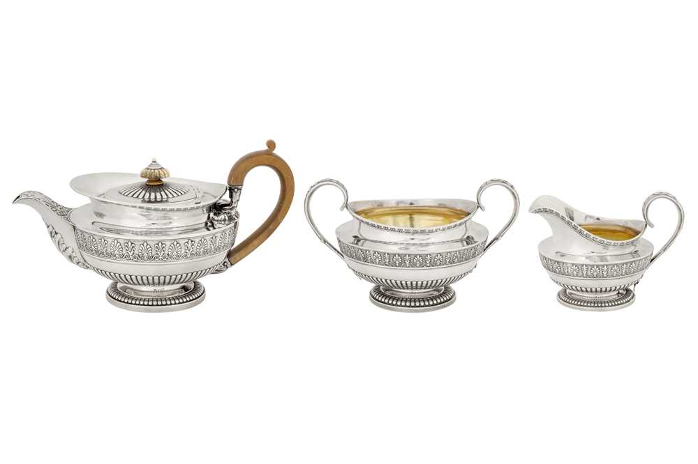 A George IV sterling silver three-piece tea service, London 1820/21 by Phillip Rundell (reg. 4th Mar - Image 2 of 7