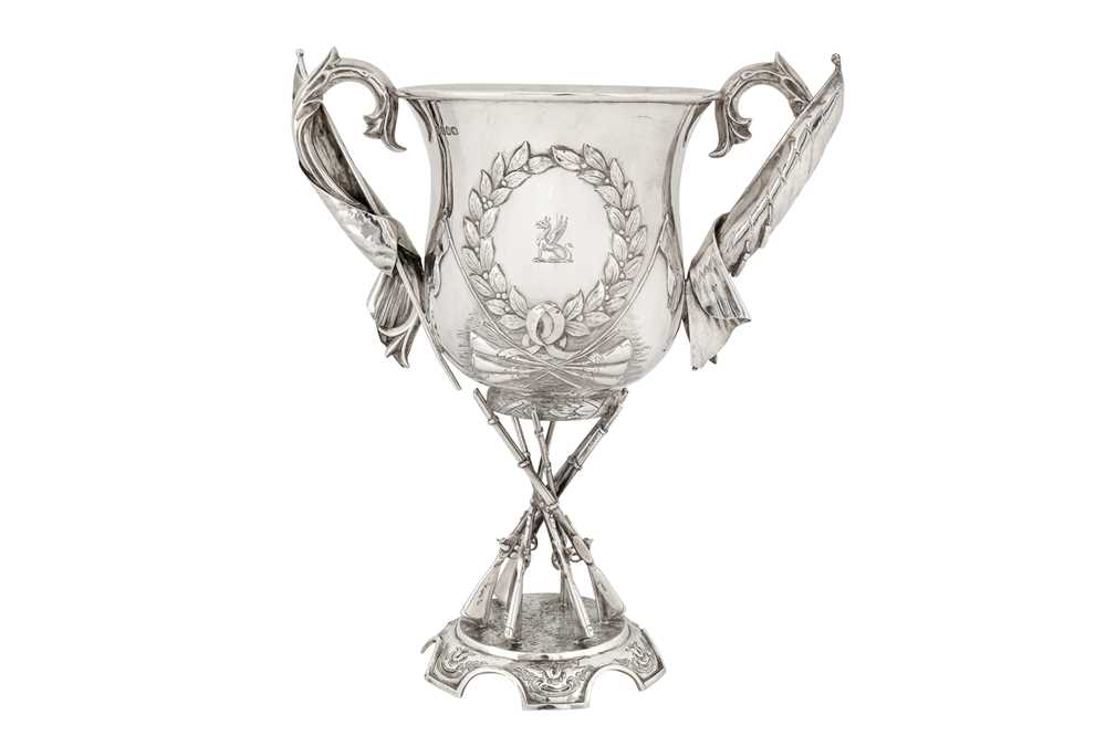 A Victorian sterling silver twin handled trophy cup, London 1866 by Mappin and Webb