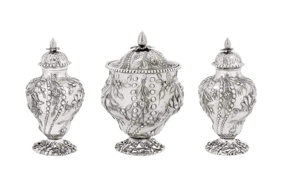 Jacobite interest – An early George III sterling silver tea caddy and sugar bowl suite, London 1760 - Image 2 of 8