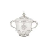 A James II sterling silver twin handled covered porringer, London 1688 by Benjamin Pyne