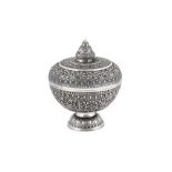 A mid-20th century Cambodian unmarked silver covered bowl on stand (Tok), circa 1940-60