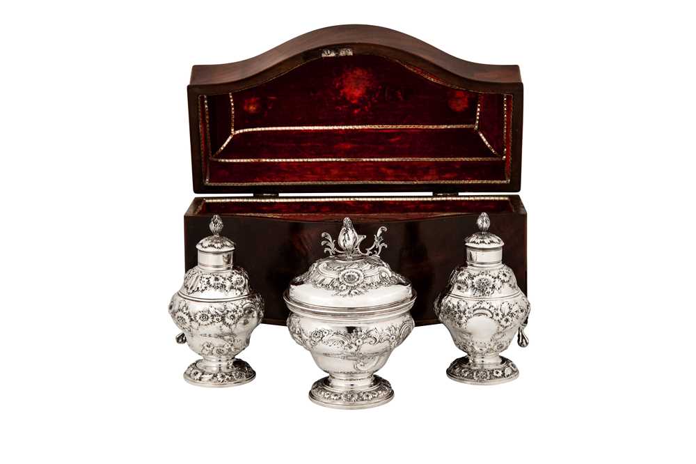 A cased George II sterling silver tea caddy and sugar bowl suite, London 1750 by Samuel Taylor (reg.