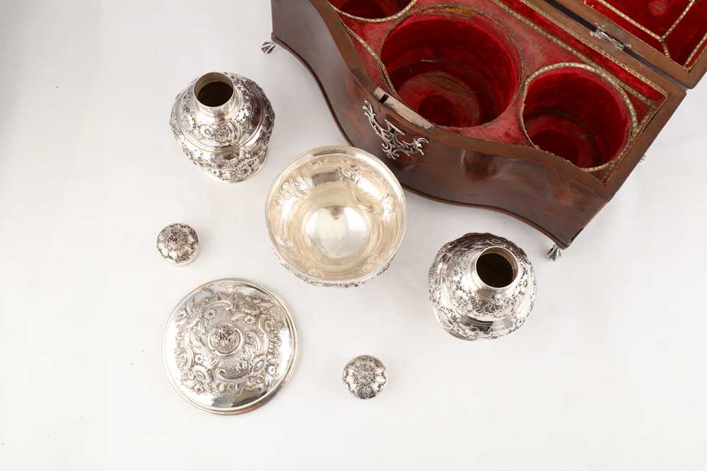 A cased George II sterling silver tea caddy and sugar bowl suite, London 1750 by Samuel Taylor (reg. - Image 14 of 21