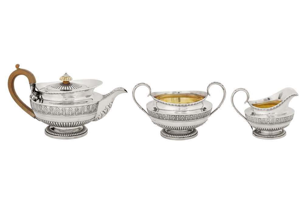 A George IV sterling silver three-piece tea service, London 1820/21 by Phillip Rundell (reg. 4th Mar