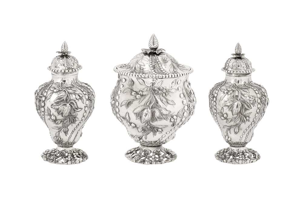 Jacobite interest – An early George III sterling silver tea caddy and sugar bowl suite, London 1760 - Image 3 of 8