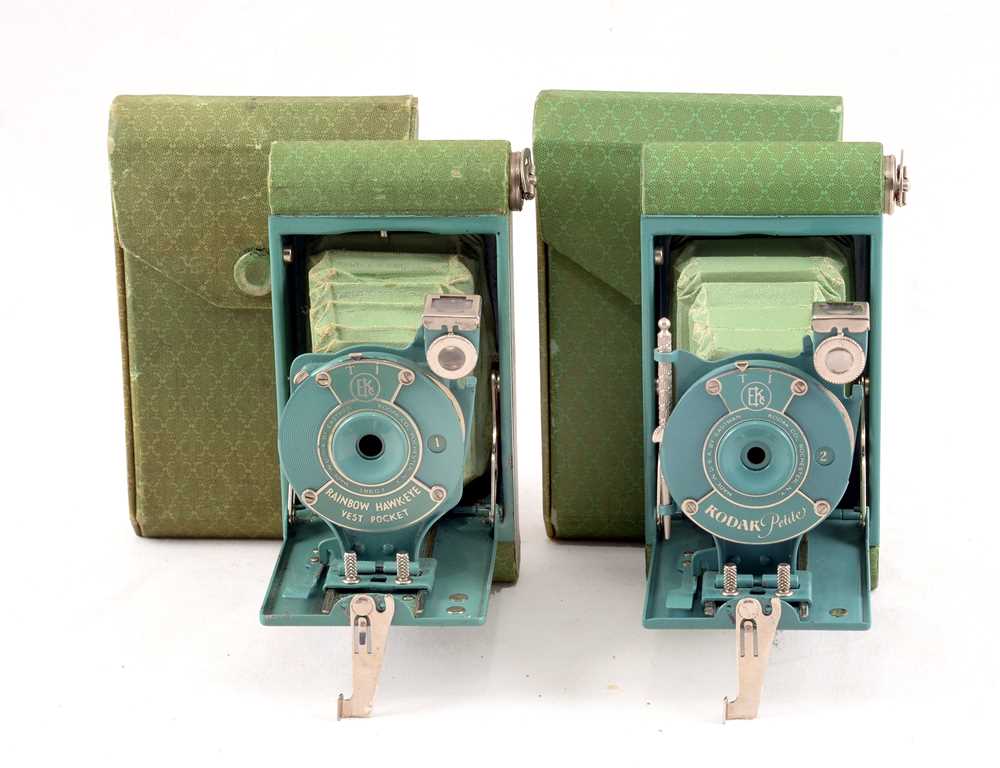 Two Teal & Blue Folding Kodak Cameras.