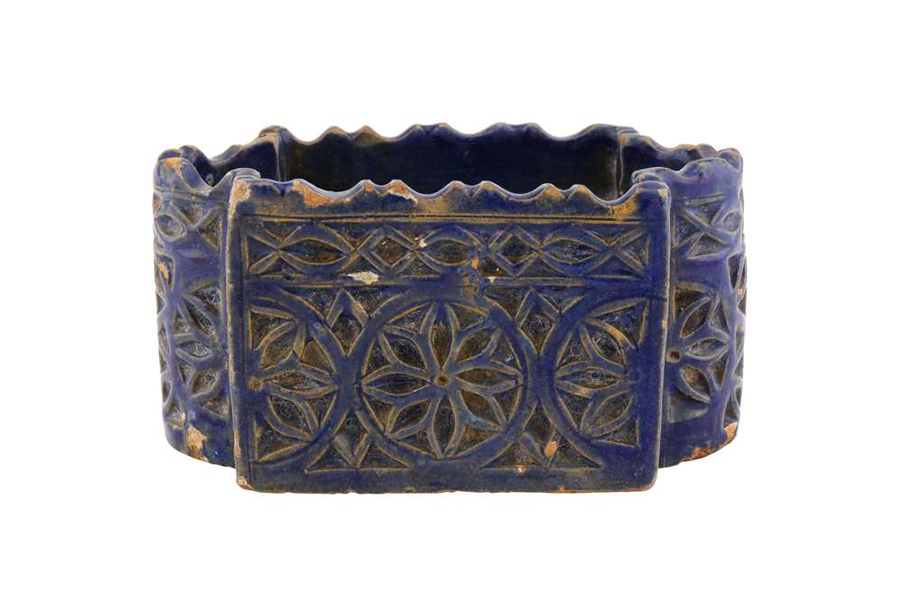 A MOULDED MONOCHROME COBALT BLUE-GLAZED POTTERY INKWELL Morocco, North Africa, late 19th - early 20t
