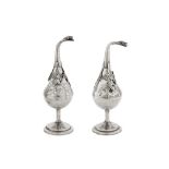 A PAIR OF LATE 19TH/EARLY 20TH CENTURY EGYPTIAN OR LIBYAN SILVER ROSEWATER SPRINKLERS Possibly Cairo