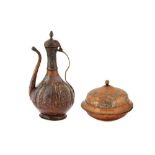 AN OTTOMAN COPPER SAHAN LIDDED DISH AND AN OTTOMAN KAYSERI ENAMELLED COPPER EWER Ottoman Turkey, 19t