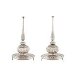 A RARE PAIR OF EARLY 19TH CENTURY MUGHAL INDIAN SILVER ROSEWATER SPRINKLERS (GULAB PASH) AND STANDS