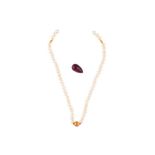 A CULTURED PEARL AND RUBY NECKLACE