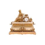 A LARGE FRENCH ALABASTER AND GILT SPELTER MANTEL CLOCK , LATE 19TH CENTURY