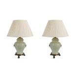 A PAIR OF CHINESE STYLE CELADON GLAZED TABLE LAMPS