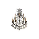 A CONTEMPORARY LOUIS XV STYLE BRONZE AND CRYSTAL CAGE FORM CHANDELIER